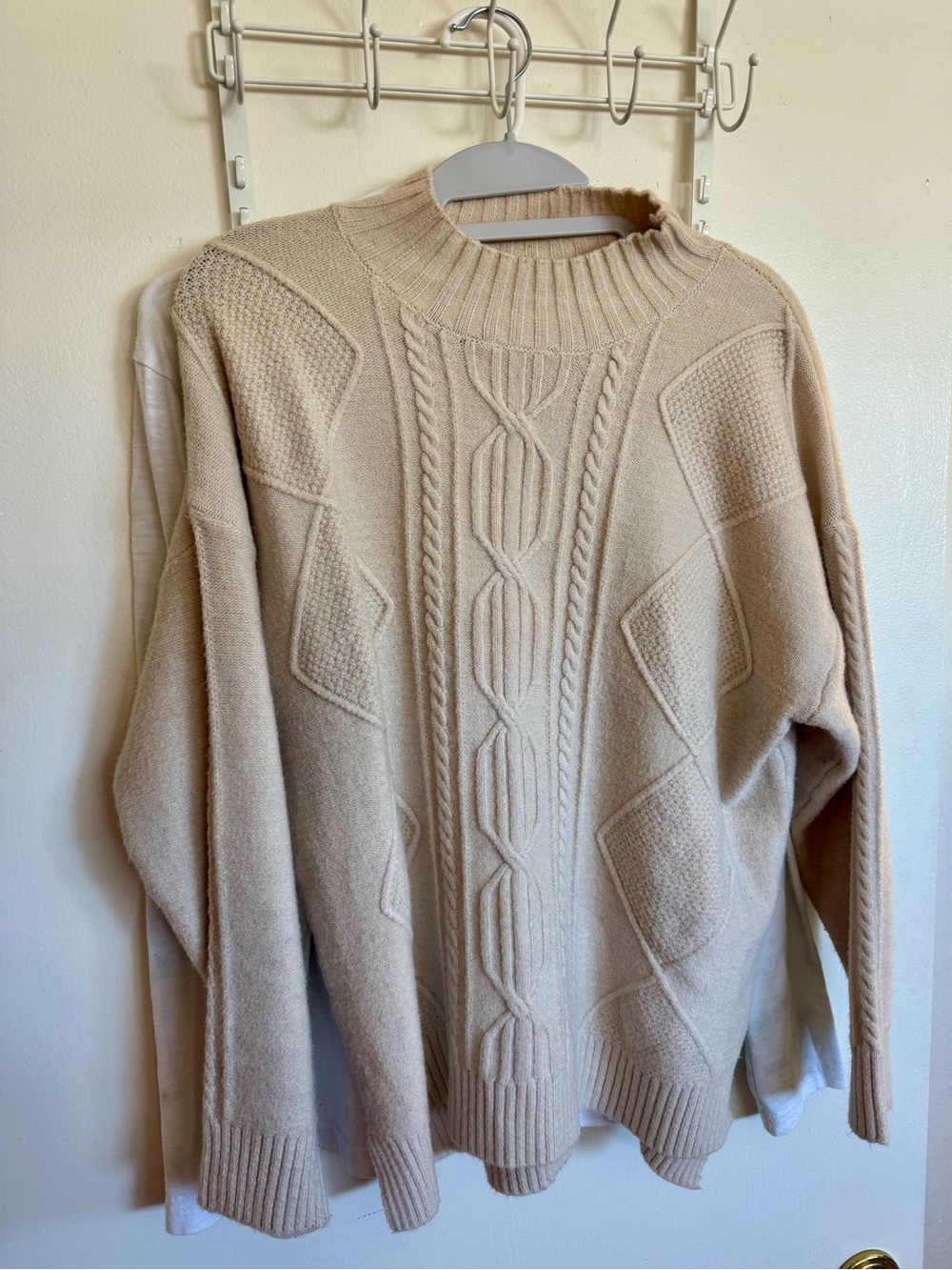 Cream Cable Knit Sweater - Classic Ribbed Mock Neck